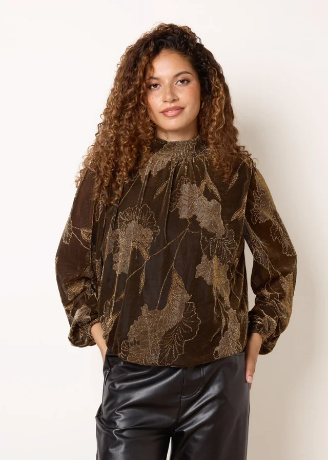 Blue Vanilla Tan Metallic Floral High Neck Puff Ball Blouse