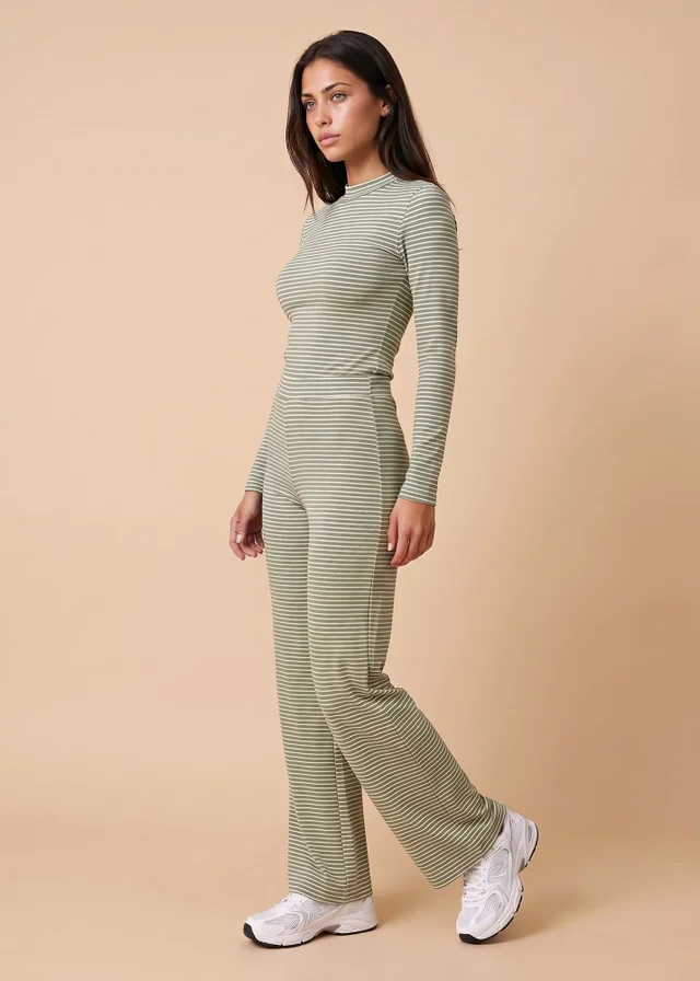 Urban Bliss Khaki Ribbed Stripe Wide Leg Trouser