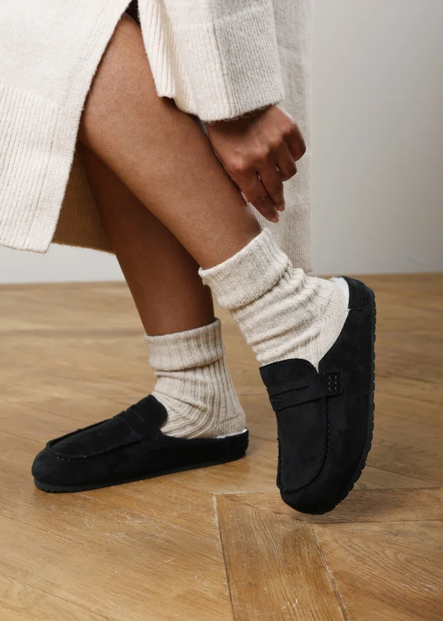 Where's That From Divelle Black Low Back Slip On Mule With Fleece Lining