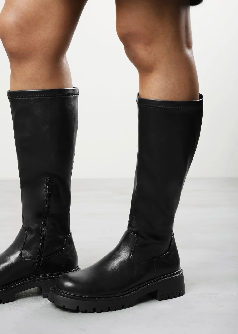 Where's That From Elvane Black PU Stretch Chunky Knee High Sock Boot - 6 Image 2