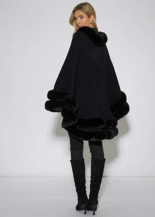 Gini London Black Double Layer Fur Trim Cape - L/XL Image 2