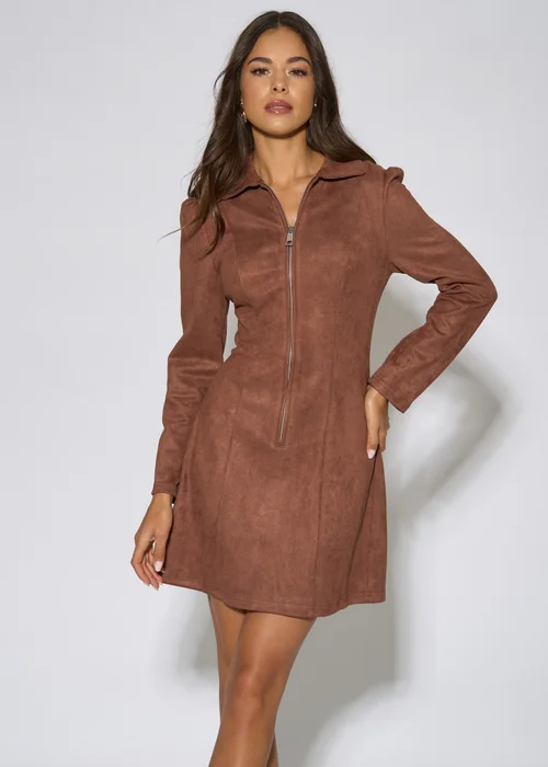 Gini London Brown Faux Suede Zip Front Mini Dress - 12 Image 3