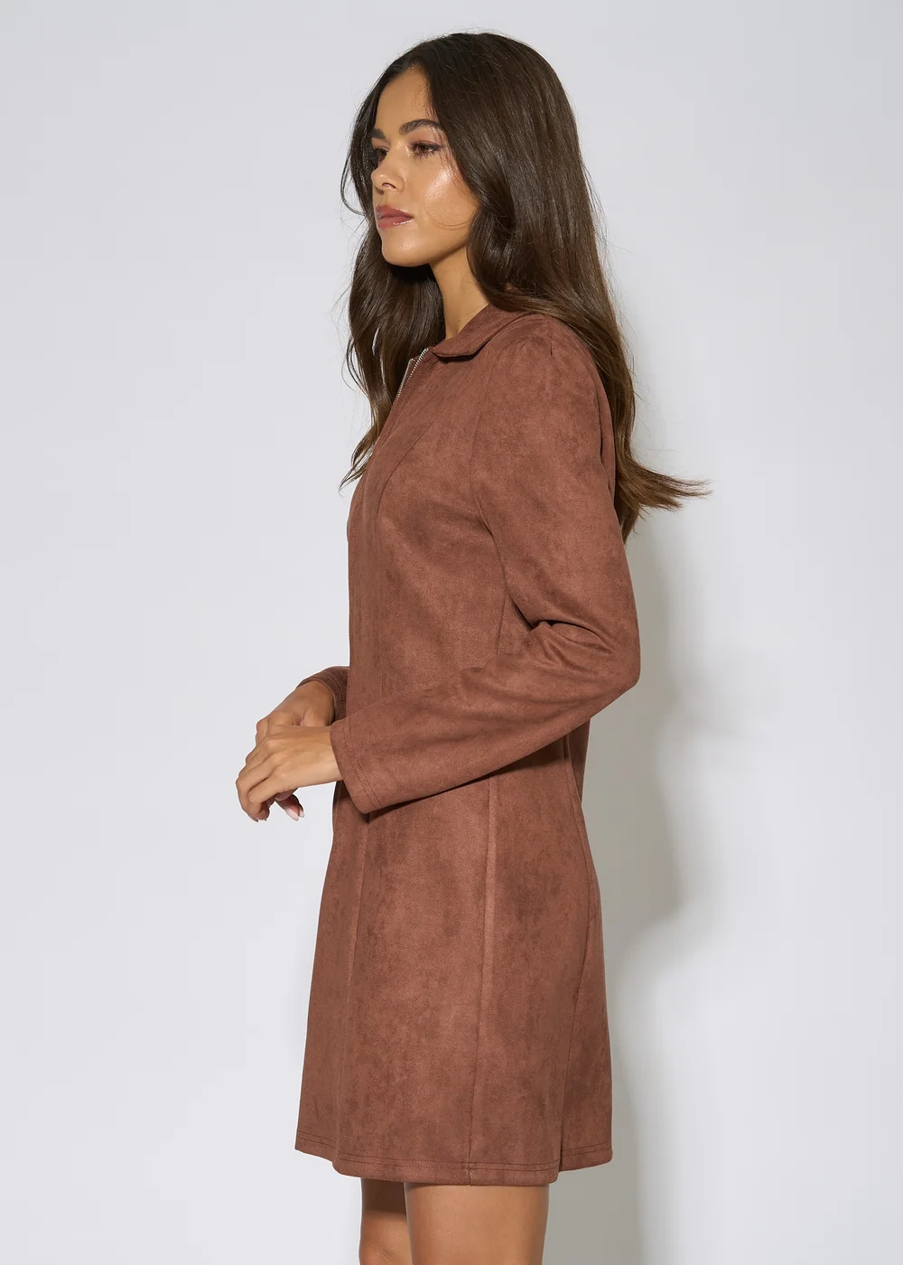 Gini London Brown Faux Suede Zip Front Mini Dress - 12 Image 4