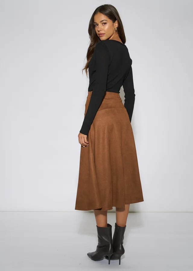 Gini London Tan Suede A Line Midi Skirt