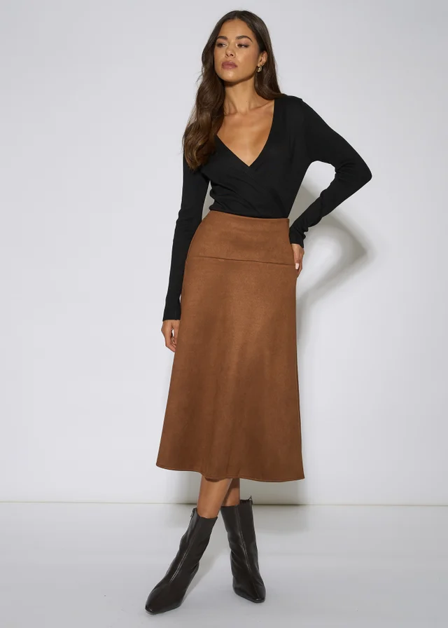 Gini London Tan Suede A Line Midi Skirt