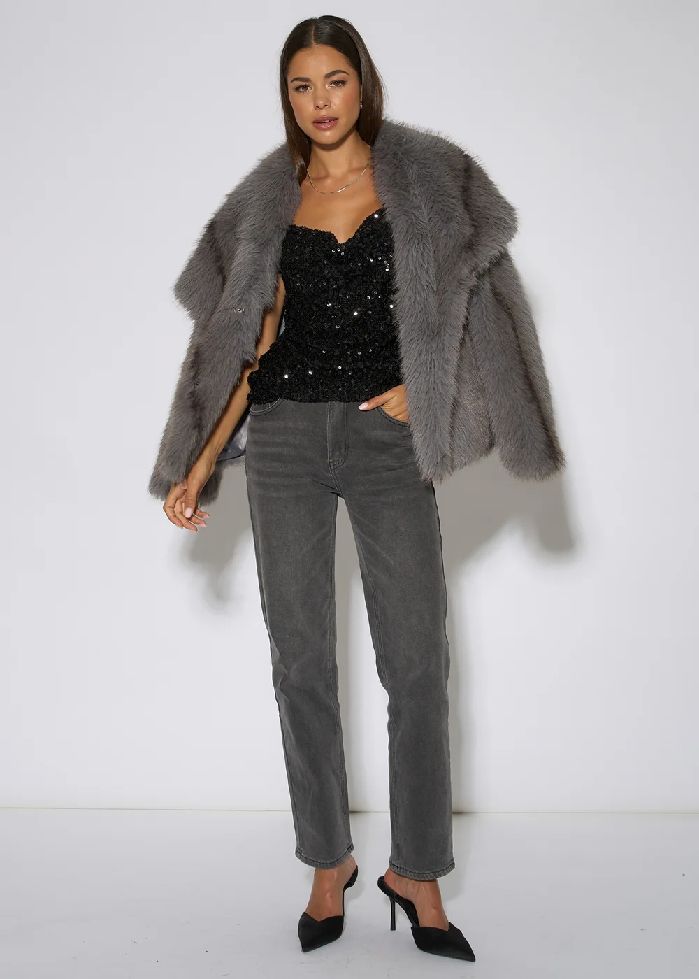 Gini London Grey Ombre Lapel Faux Fur Jacket - M/L Image 1
