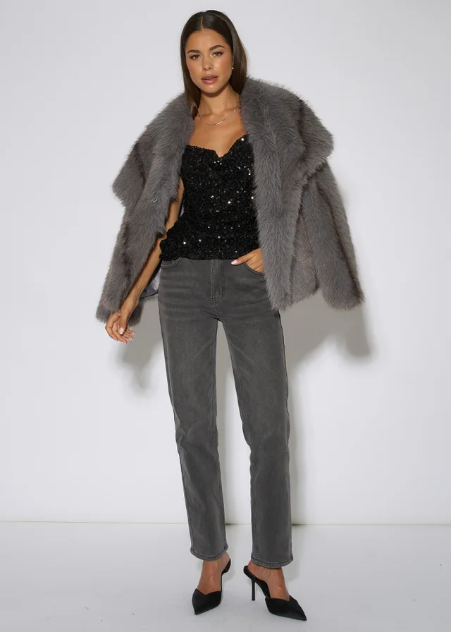 Gini London Grey Ombre Lapel Faux Fur Jacket