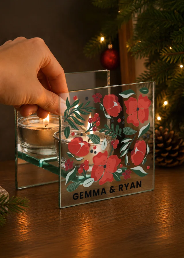 Personalised Memento Company Clear Poinsettia Glass Tea Light Candle Holder