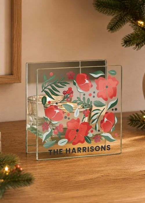 Personalised Memento Company Clear Poinsettia Glass Tea Light Candle Holder - One Size Image 3
