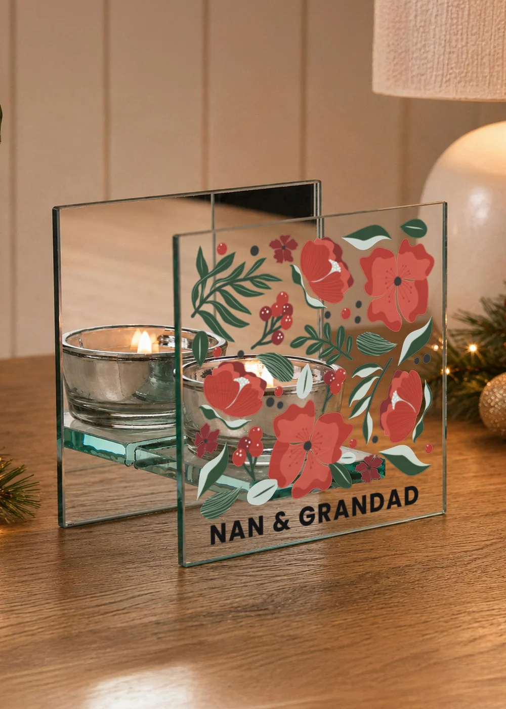 Personalised Memento Company Clear Poinsettia Glass Tea Light Candle Holder - One Size Image 1