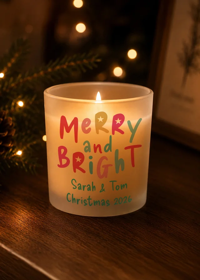 Personalised Memento Company White Merry and Bright Frosted Candle