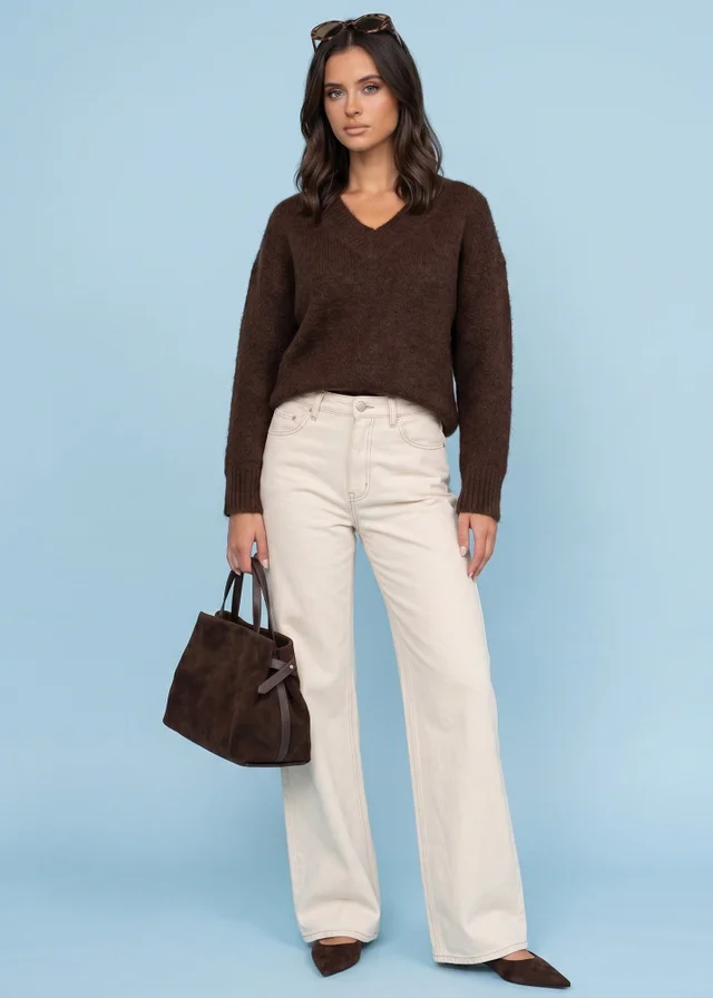 Urban Bliss Chocolate Wool Blend V Neck Jumper