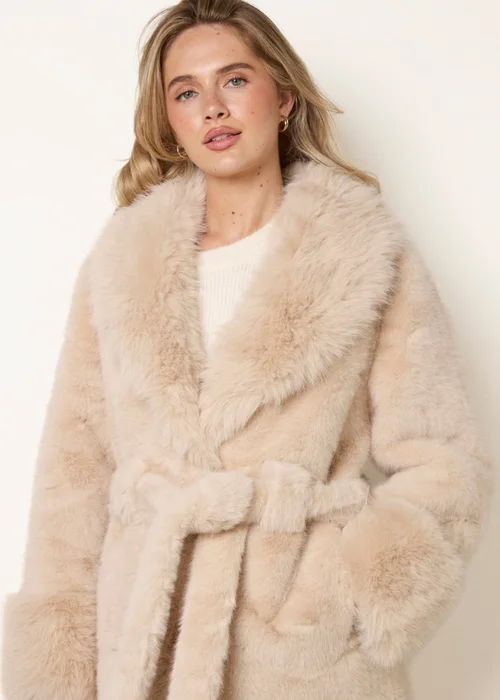 Blue Vanilla Beige Plush Faux Fur Belted Coat - M Image 2