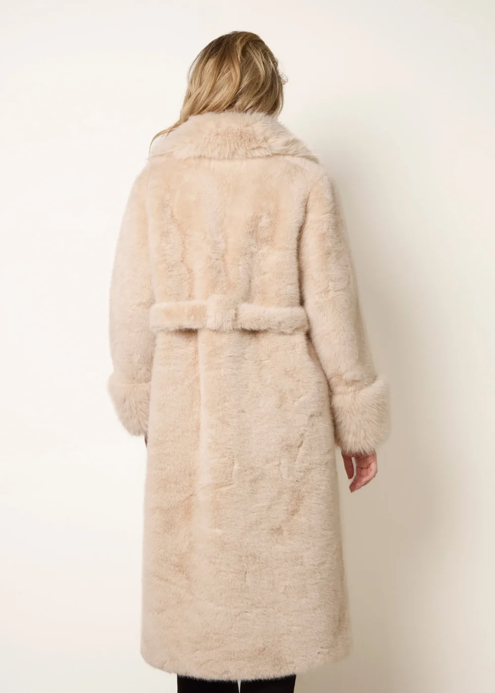 Blue Vanilla Beige Plush Faux Fur Belted Coat - M Image 4