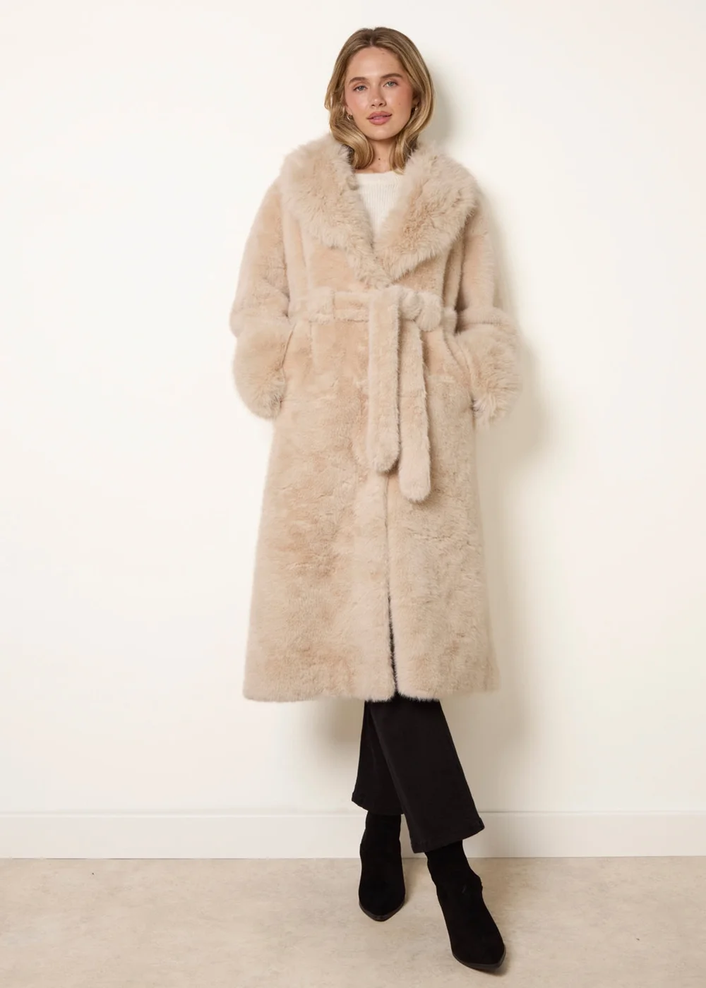 Blue Vanilla Beige Plush Faux Fur Belted Coat - M Image 1