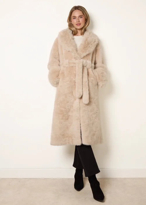 Blue Vanilla Beige Plush Faux Fur Belted Coat - M Image 1