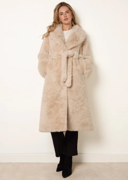 Blue Vanilla Beige Plush Faux Fur Belted Coat - M Image 3