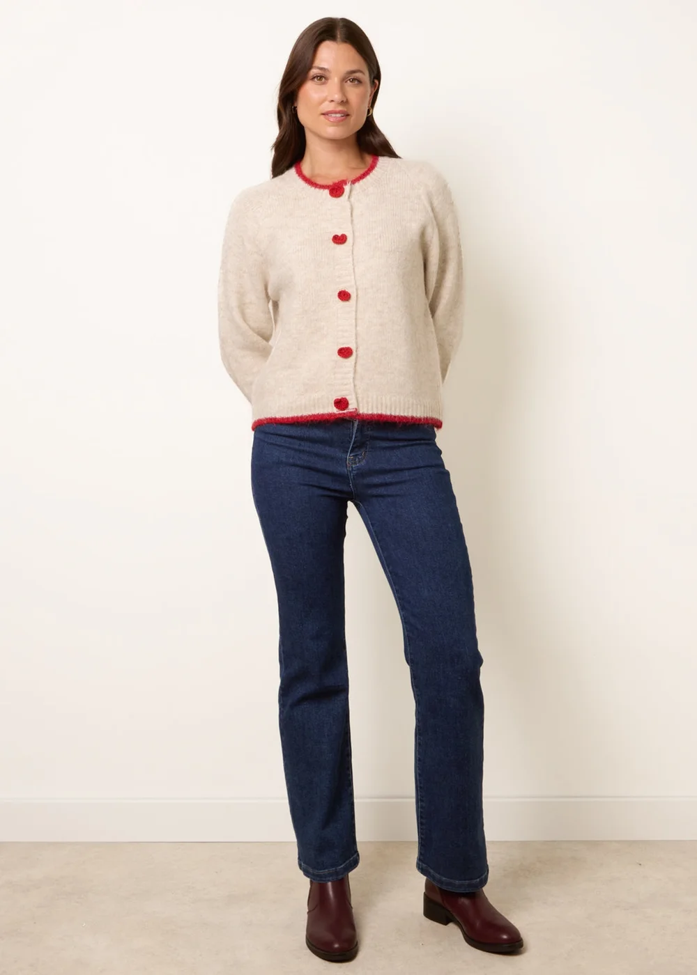 Blue Vanilla Beige Contrast Trim Heart Button Cardigan - S/M Image 3