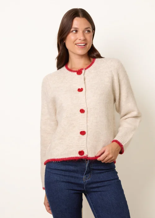 Blue Vanilla Beige Contrast Trim Heart Button Cardigan - S/M Image 2