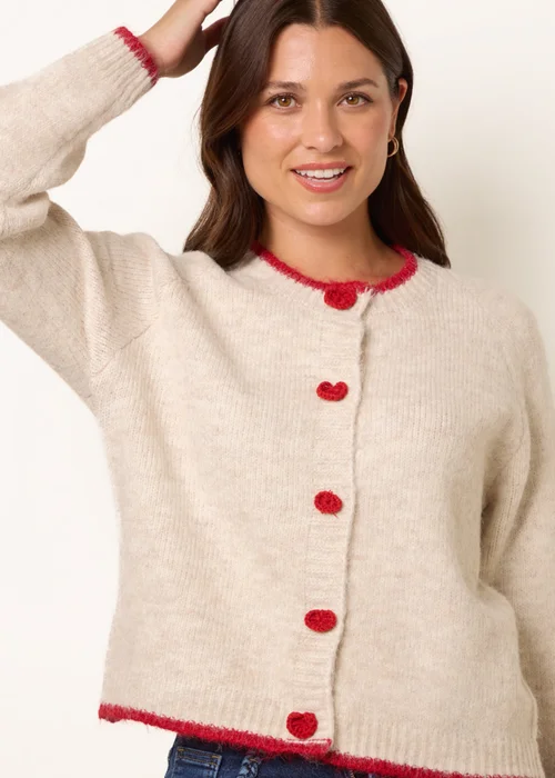 Blue Vanilla Beige Contrast Trim Heart Button Cardigan - S/M Image 1