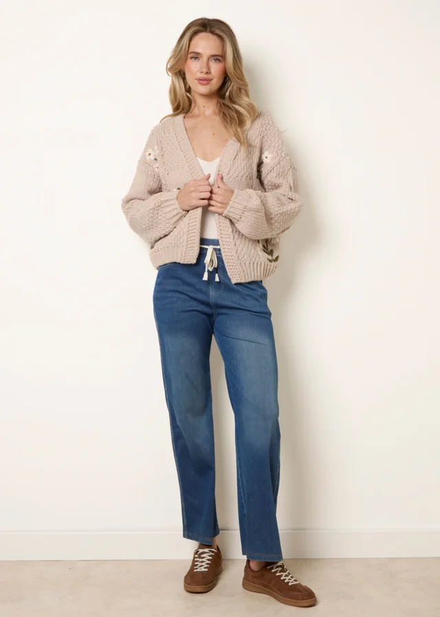 Blue Vanilla Stone Flower Embroidery Cardigan