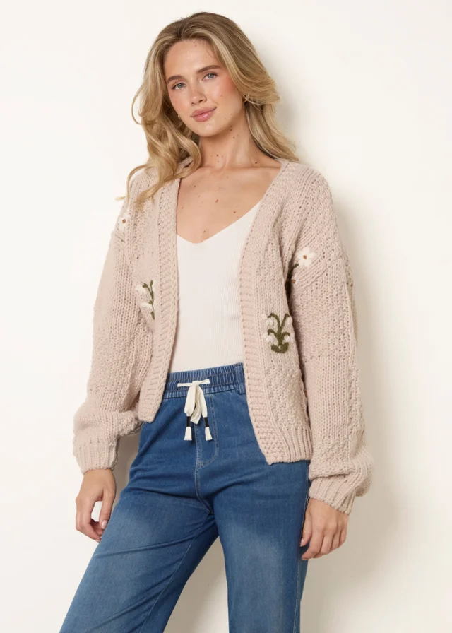 Blue Vanilla Stone Flower Embroidery Cardigan