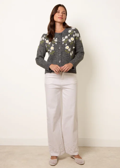 Blue Vanilla Grey Floral Knit Button Front Cardigan - L Image 3