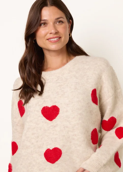 Blue Vanilla Beige Heart Crew Neck Knit Jumper - One Size Image 3