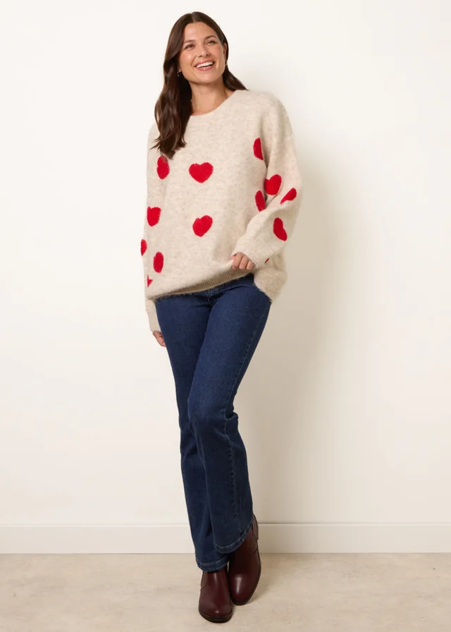 Blue Vanilla Beige Heart Crew Neck Knit Jumper