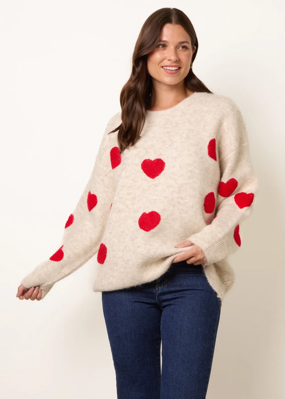 Blue Vanilla Beige Heart Crew Neck Knit Jumper - One Size Image 1