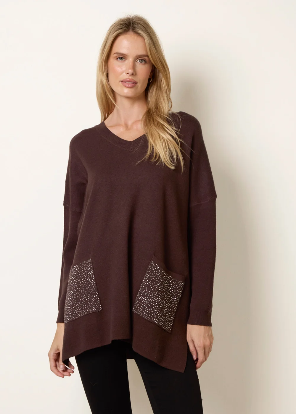 Blue Vanilla Brown Diamante Pocket Knit Jumper - One Size Image 1