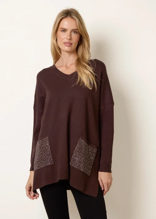 Blue Vanilla Brown Diamante Pocket Knit Jumper - One Size Image 1