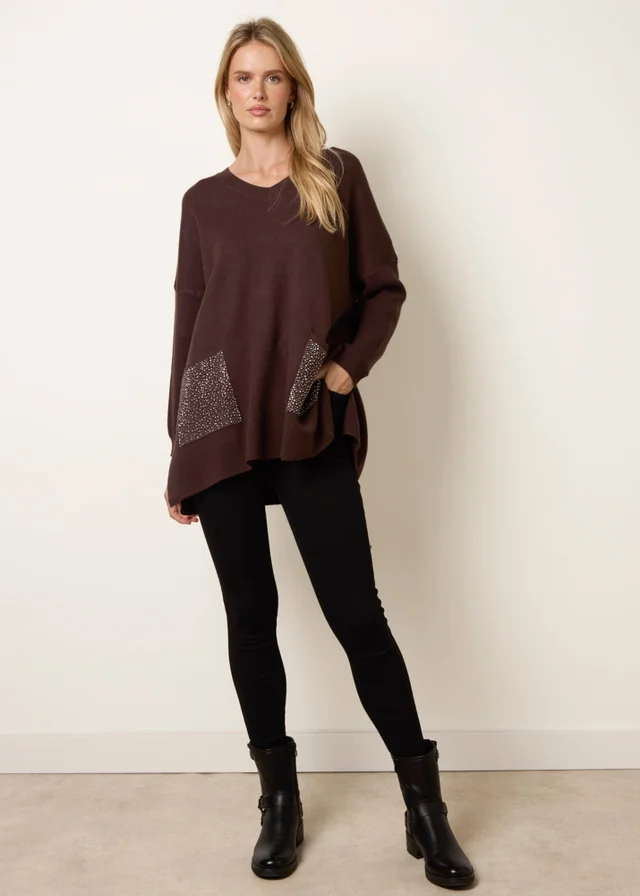 Blue Vanilla Brown Diamante Pocket Knit Jumper