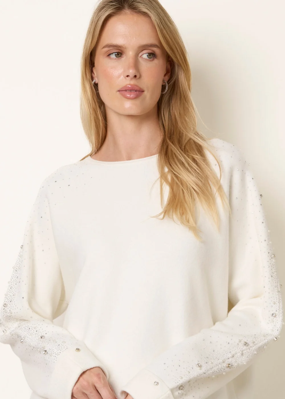 Blue Vanilla Ivory Diamante Sleeve Round Neck Knit Jumper - S/M Image 2