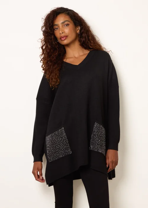 Blue Vanilla Black Diamante Pocket Knit Jumper - One Size Image 1