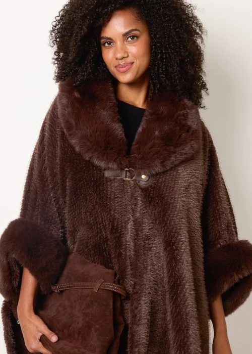 Blue Vanilla Brown Cape With Luxe Fur Trim - One Size Image 1