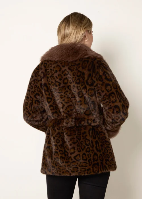 Blue Vanilla Brown Leopard Plush Faux Fur Belted Coat - M Image 4