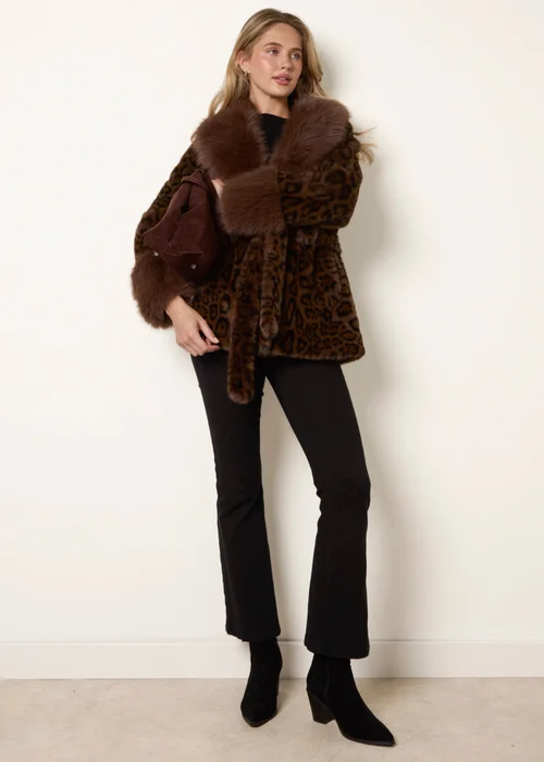 Blue Vanilla Brown Leopard Plush Faux Fur Belted Coat - M Image 3