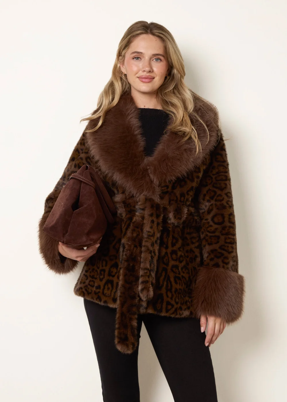 Blue Vanilla Brown Leopard Plush Faux Fur Belted Coat - M Image 1