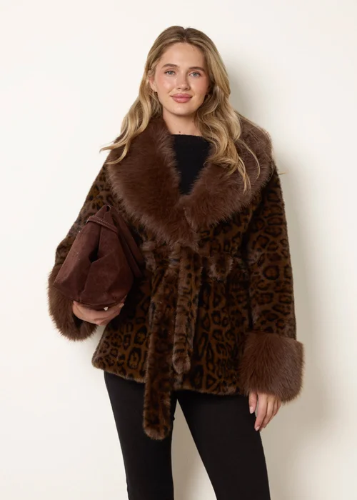 Blue Vanilla Brown Leopard Plush Faux Fur Belted Coat - M Image 1