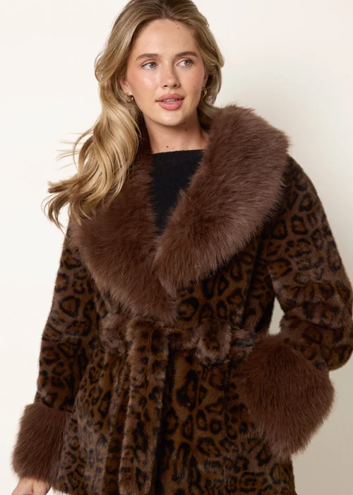 Blue Vanilla Brown Leopard Plush Faux Fur Belted Coat - M Image 2