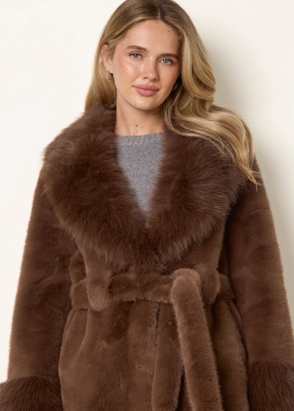 Blue Vanilla Brown Plush Faux Fur Belted Coat - L Image 2