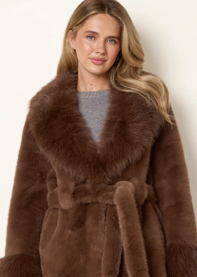 Blue Vanilla Brown Plush Faux Fur Belted Coat