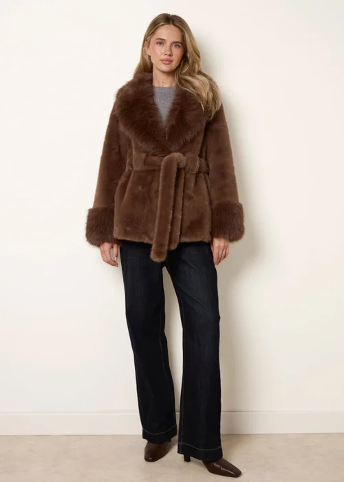 Blue Vanilla Brown Plush Faux Fur Belted Coat - L Image 1