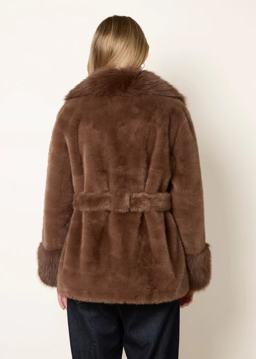 Blue Vanilla Brown Plush Faux Fur Belted Coat - L Image 4