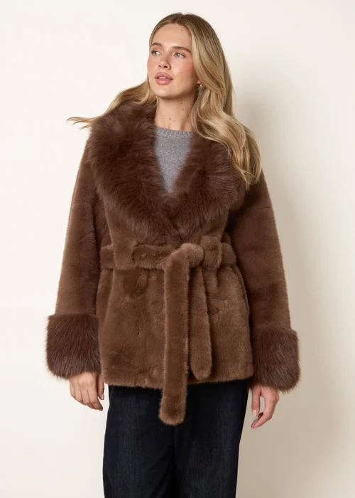 Blue Vanilla Brown Plush Faux Fur Belted Coat - L Image 3