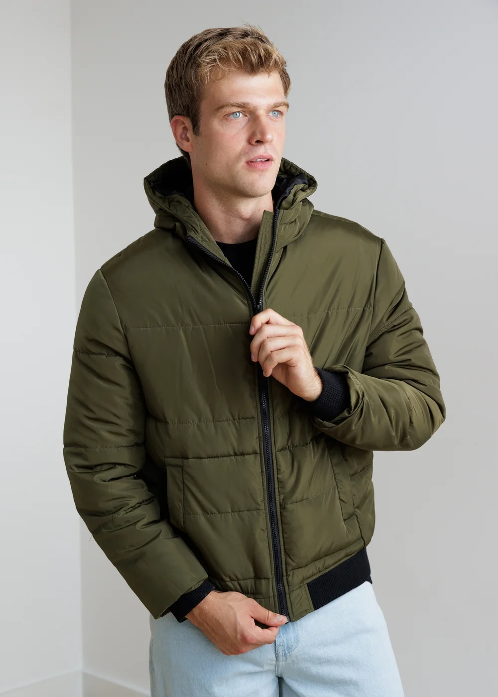 Influence Khaki Zip Through Hooded Quilted Bomber Jacket - M Image 1