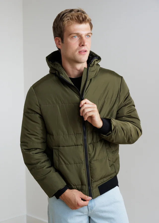 Influence Khaki Zip Through Hooded Quilted Bomber Jacket
