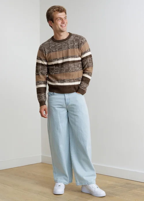 Influence Brown Stripe Crew Neck Knitted Long Sleeve Jumper - M Image 4