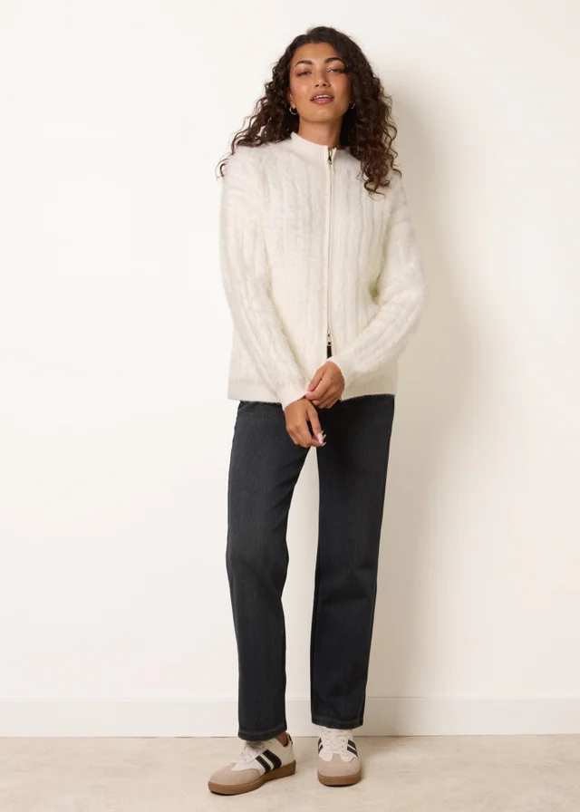 Blue Vanilla Cream Textured Zip Through Knit Cardigan